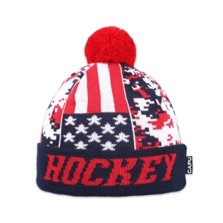 Dětská zimní pletená čepice sportovní chlapecká – bambule, hokej